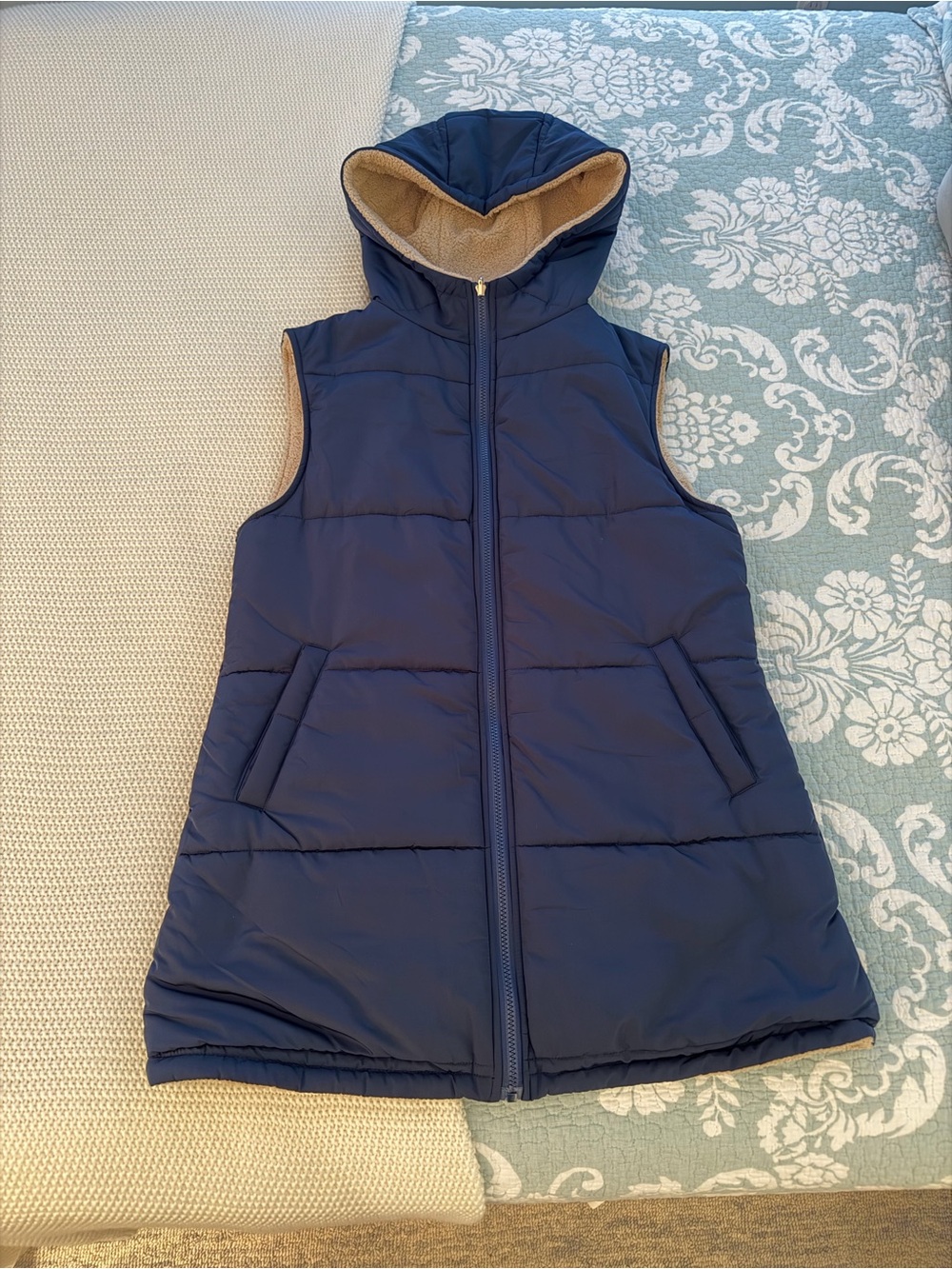 PrettyGarden Navy Puffer Hooded long Vest with Faux Shearling Lining Size S